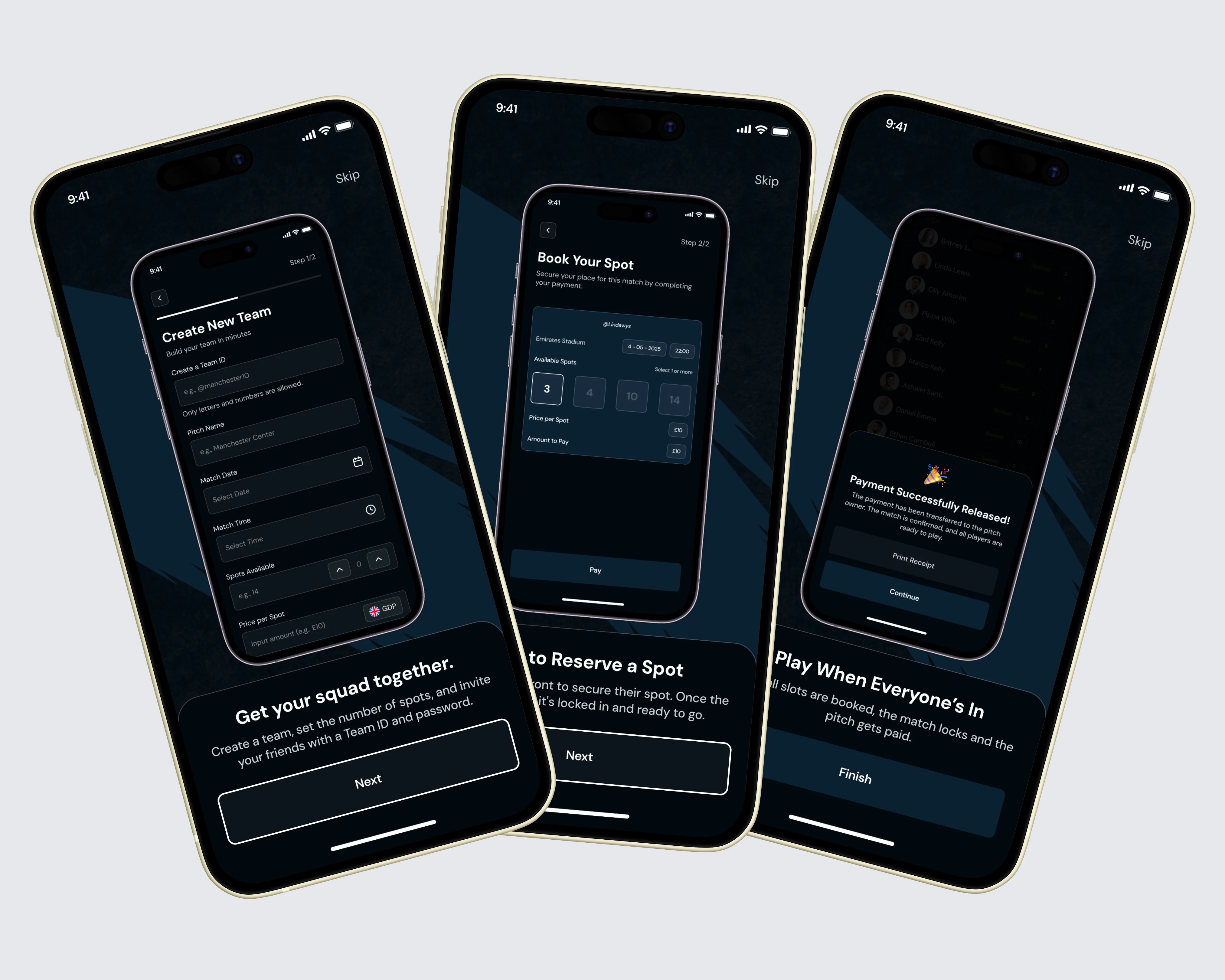 SportyReserve app — three screens showing the UI